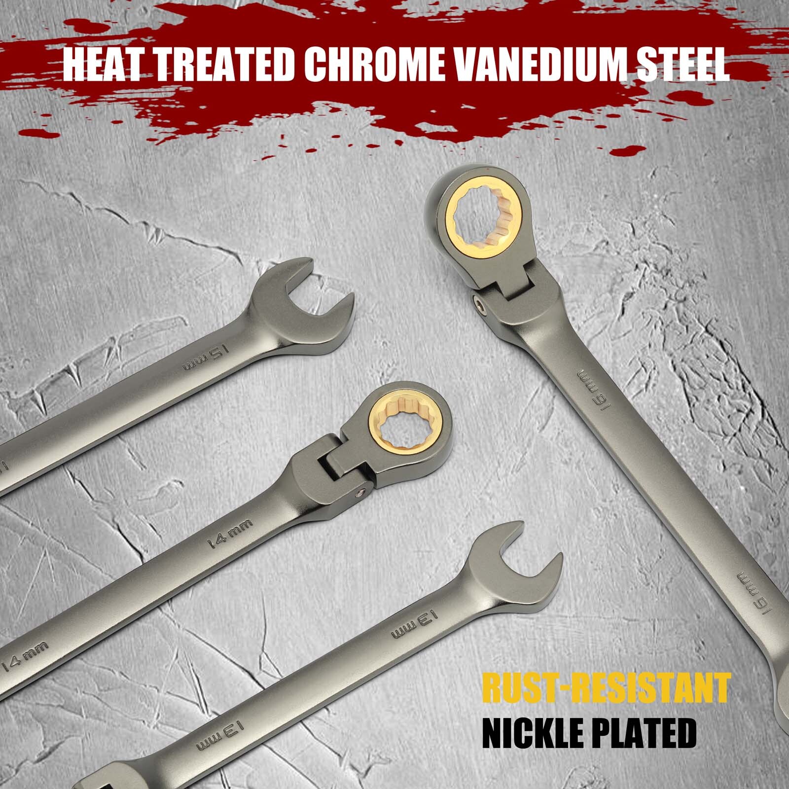 12PCS Metric Flex Head Ratcheting Wrench Set 8-19mm 72-Tooth Ratchet Combination