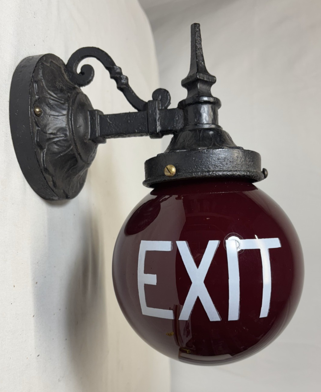 Vtg Exit Glass Light Globe Wall Sconce Cast Iron Fixture Art Deco Shade USA #L61