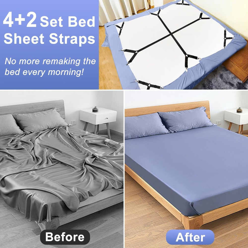 Bed Sheet Straps, 6 Pack Fitted Bed Sheet Fasteners Clips Adjustable Crisscro...
