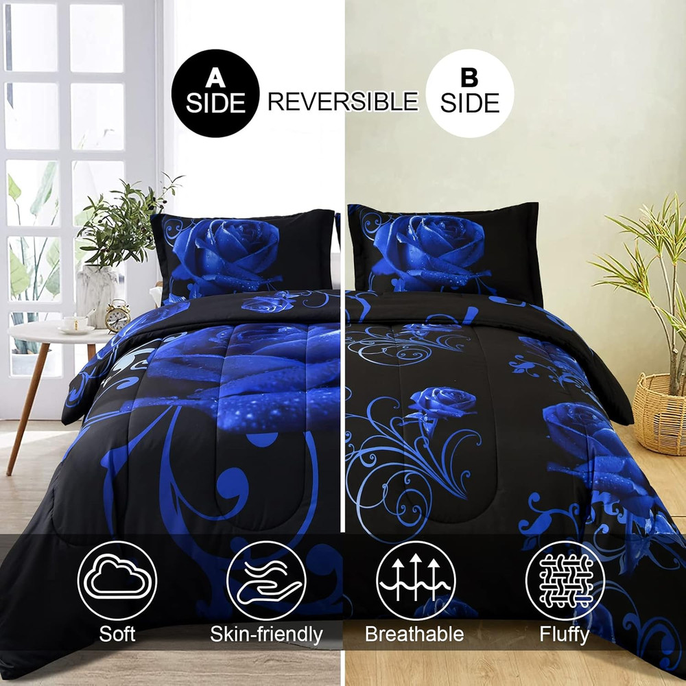 Blue Comforter Set Queen, Reversible Blue Rose Pattern Printed Bedding Comforter
