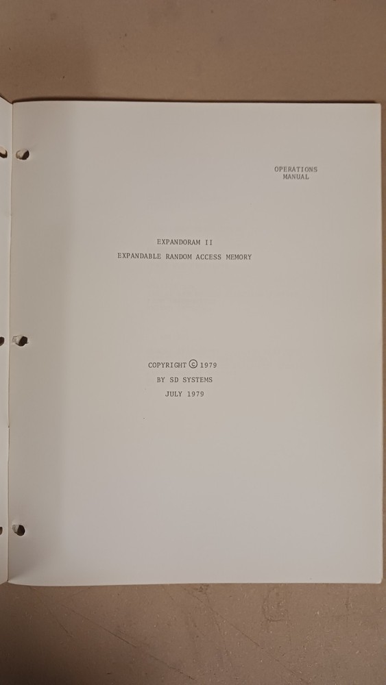 SD Systems ExpandoRAM II Expandable Random Access Memory Manual (No Board)