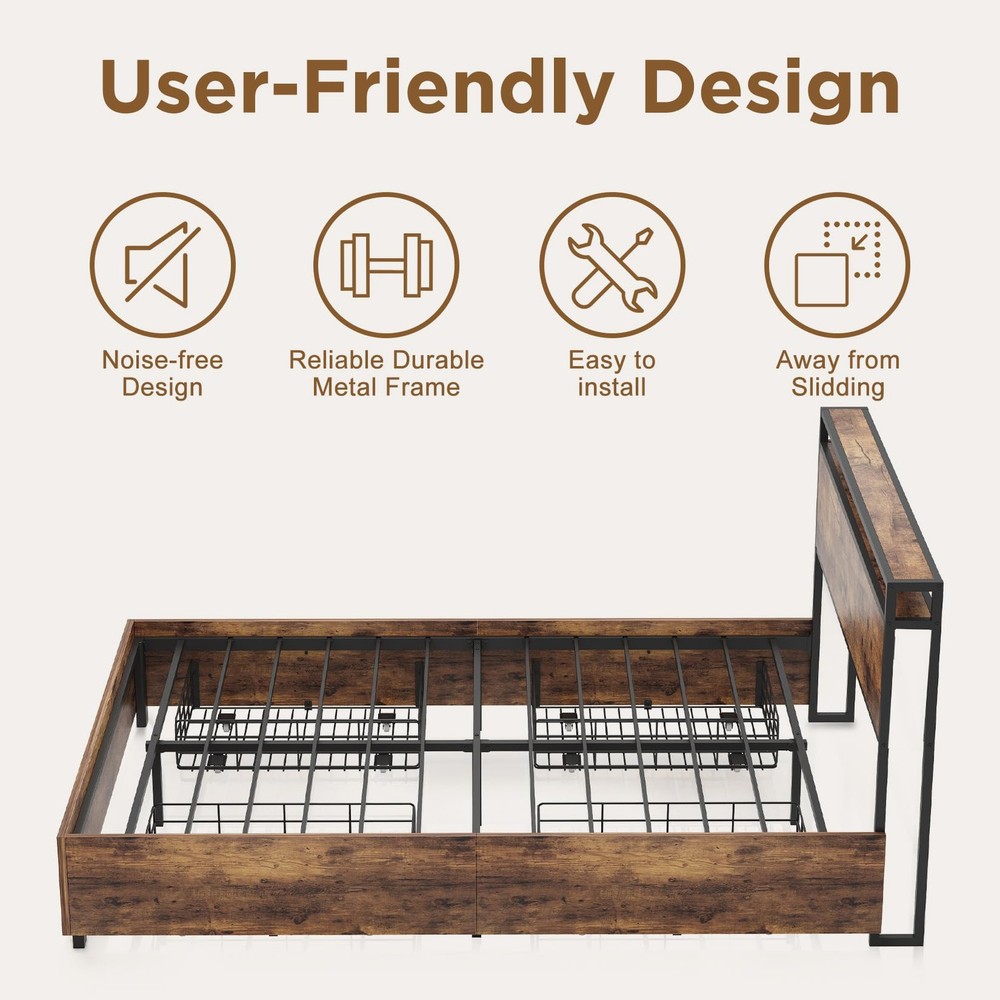 Full Size Bed Frame w/ Storage Headboard &Charging Station &LED Light