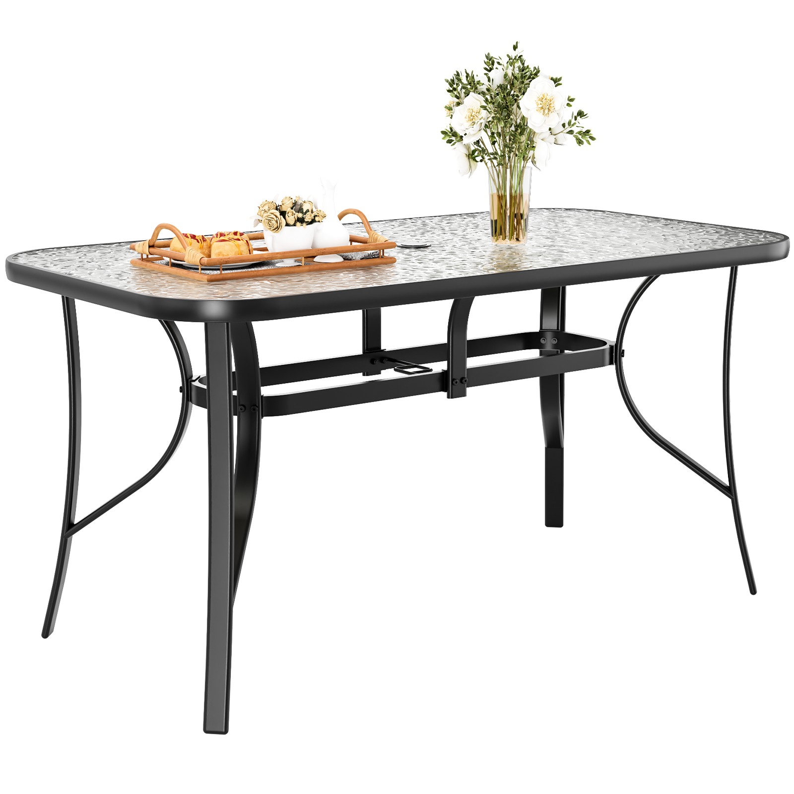 Patio Dining Table Garden Rectangular Tempered Glass Table for Patio & Backyard