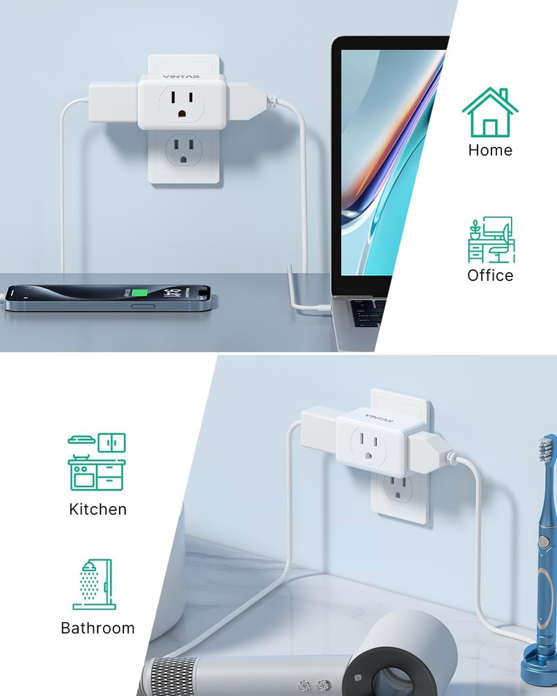 Multi Plug Outlet Extender, 3 Outlet Adapter, Multiple Outlet Splitter, Grounde