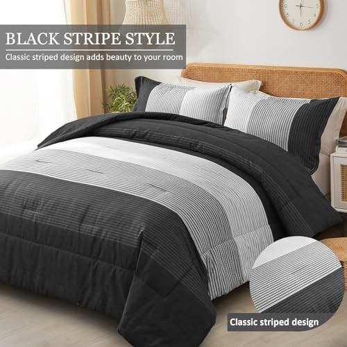 Comforter Set Reversible Striped Down Alternative Comforter for King Black