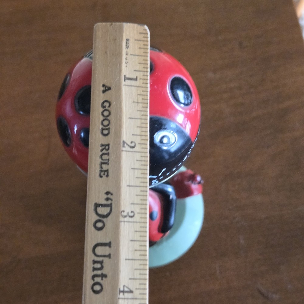Ladybug Kitchen Timer on Handmade Stand with Anthropomorphic Ladybug Figure 8.5"