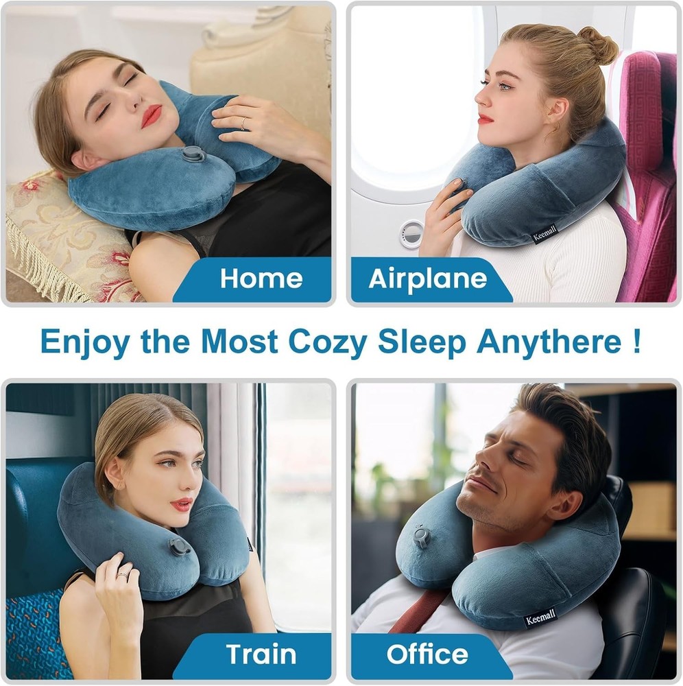Inflatable Travel Neck Pillow Polyester Soft Support for Airplane Long Flights