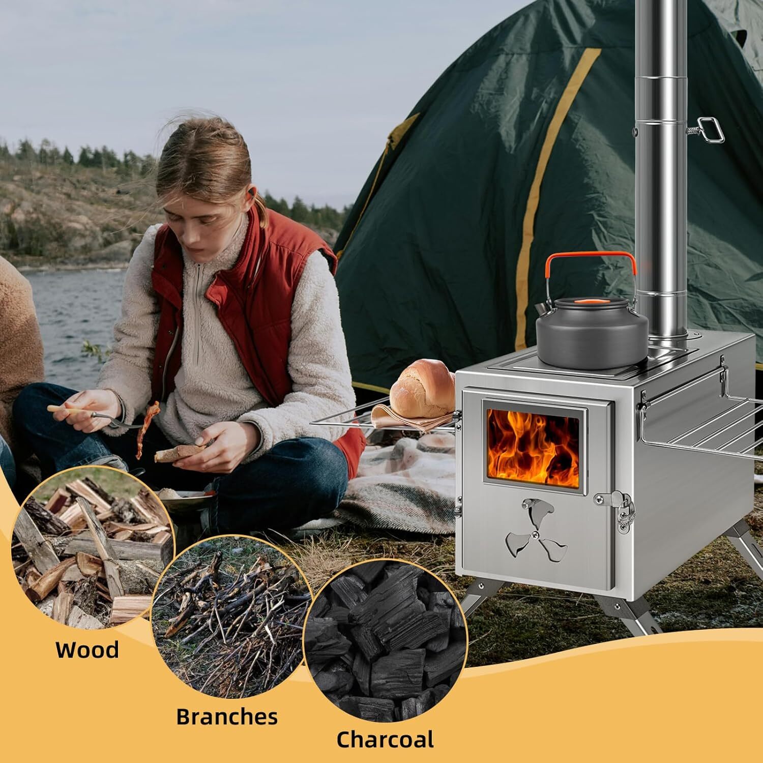 NAIZEA Folding Hot Tent Stove with 7 Section Chimney Pipes for HikingBackpacking