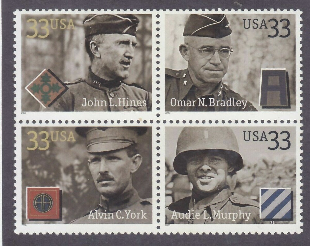 US, #3393-96 Distinguished Soldiers B4 set, 2000, 33c, MNH