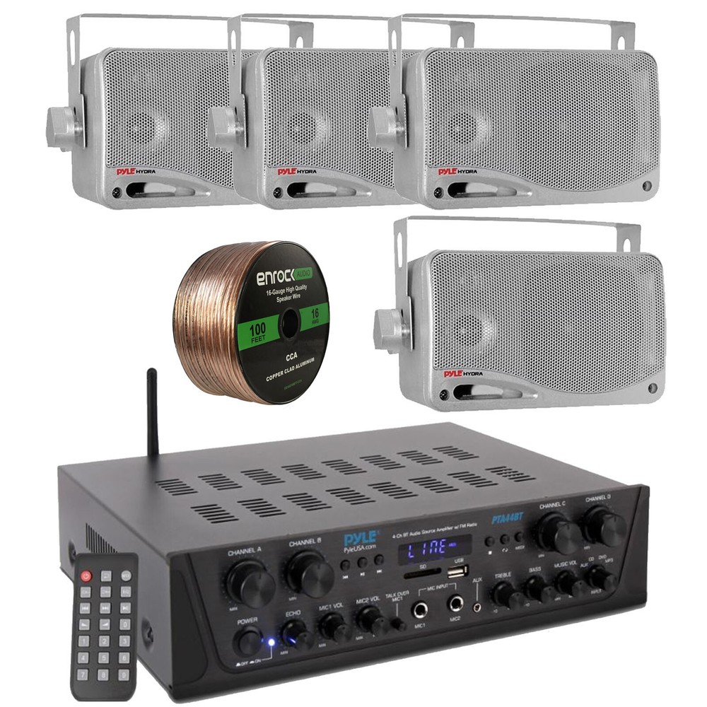 Pyle PTA44BT Bluetooth Home Audio Amplifier Receiver, 4x 3.5" 200W Speaker, Wire