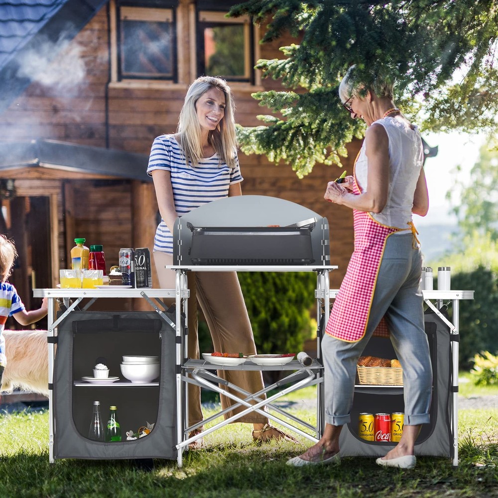 Camping Kitchen Station, Folding Grill Table with 26'' Tabletop, 2 Side Table...