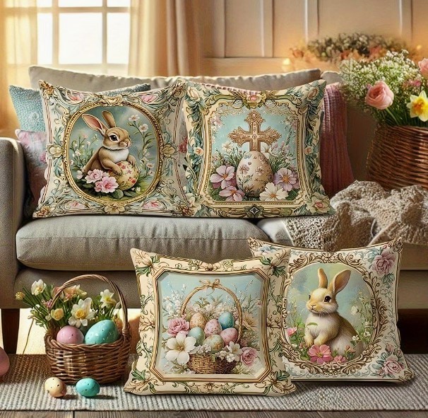 Set of 2 Spring Easter Pillow Covers 18" – Bunny & Egg Designs – No Insert