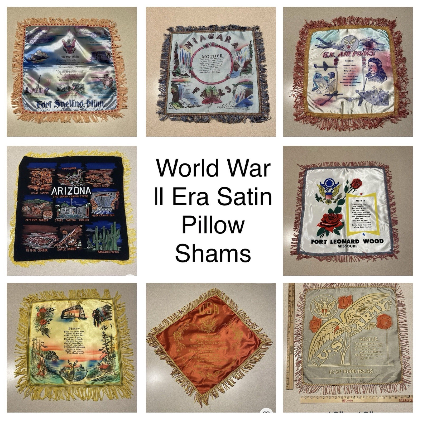 8 Vtg 1940s Military WWll Satin Souvenir Sweetheart Pillow Shams (1 is Velvet)