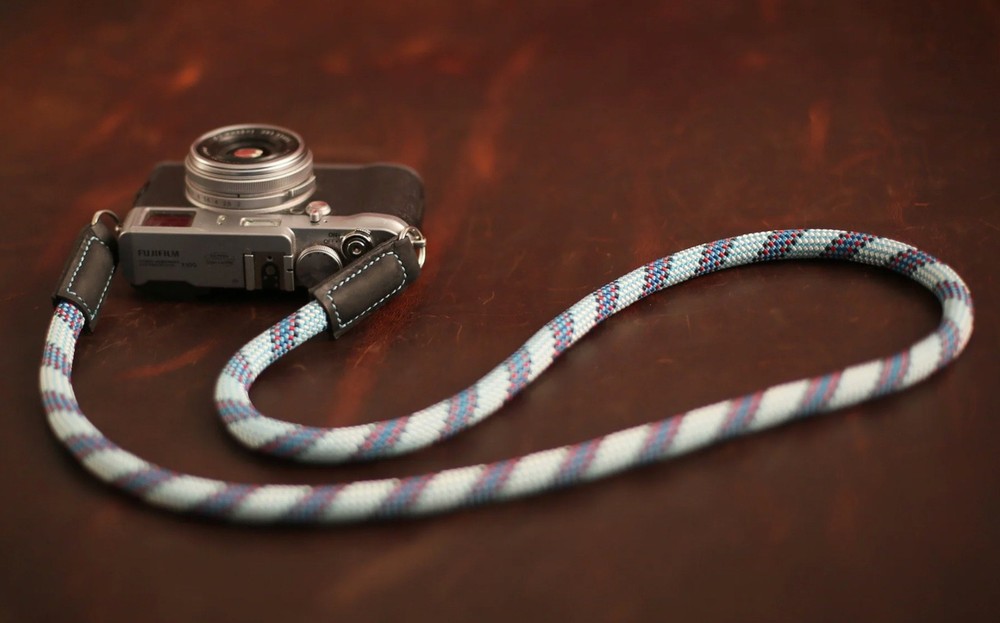 Windmup Blue Pattern Rope Camera Strap – Handmade Climbing Rope & Black Leather