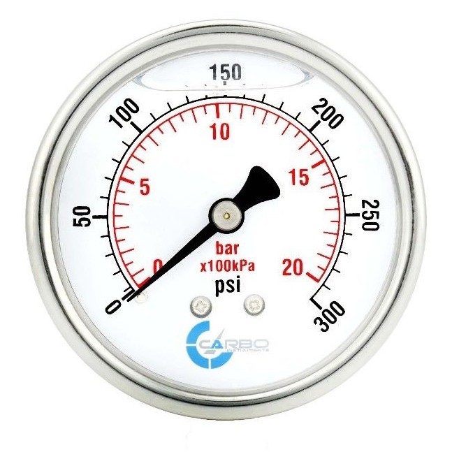 2.5" LIQUID FILLED PRESSURE GAUGE 0 - 300 PSI, STAINLESS STEEL CASE BACK MOUNT
