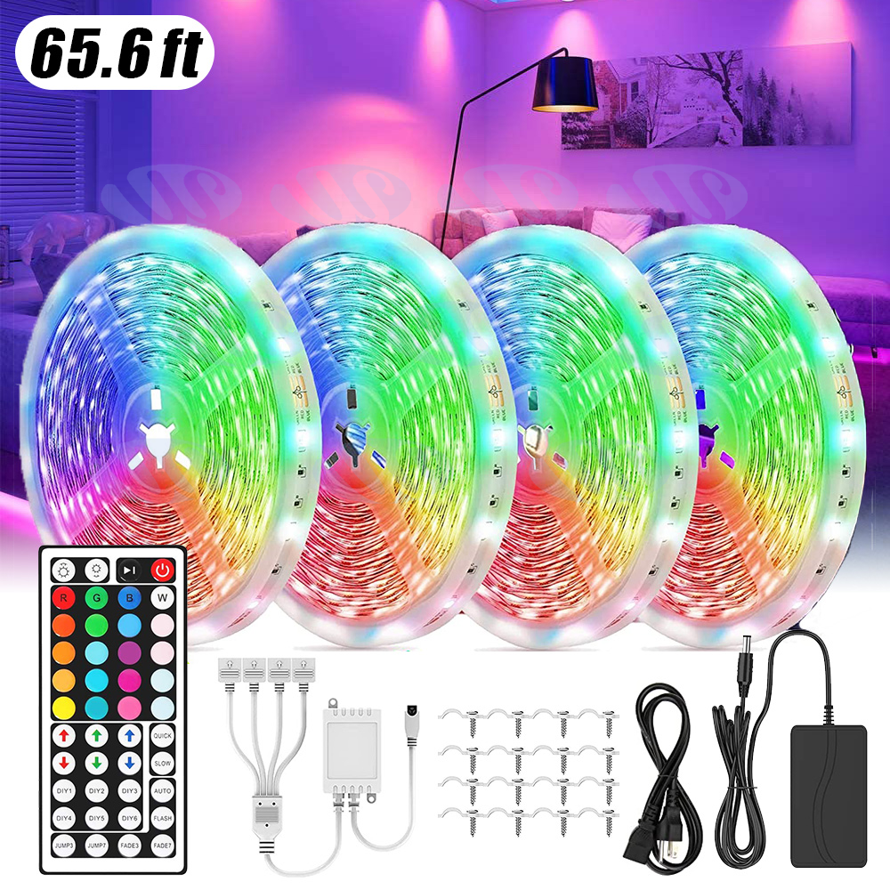 65.6FT RGB Led Strip Lights Waterproof Flexible with 44 Keys Remote 12V US Power