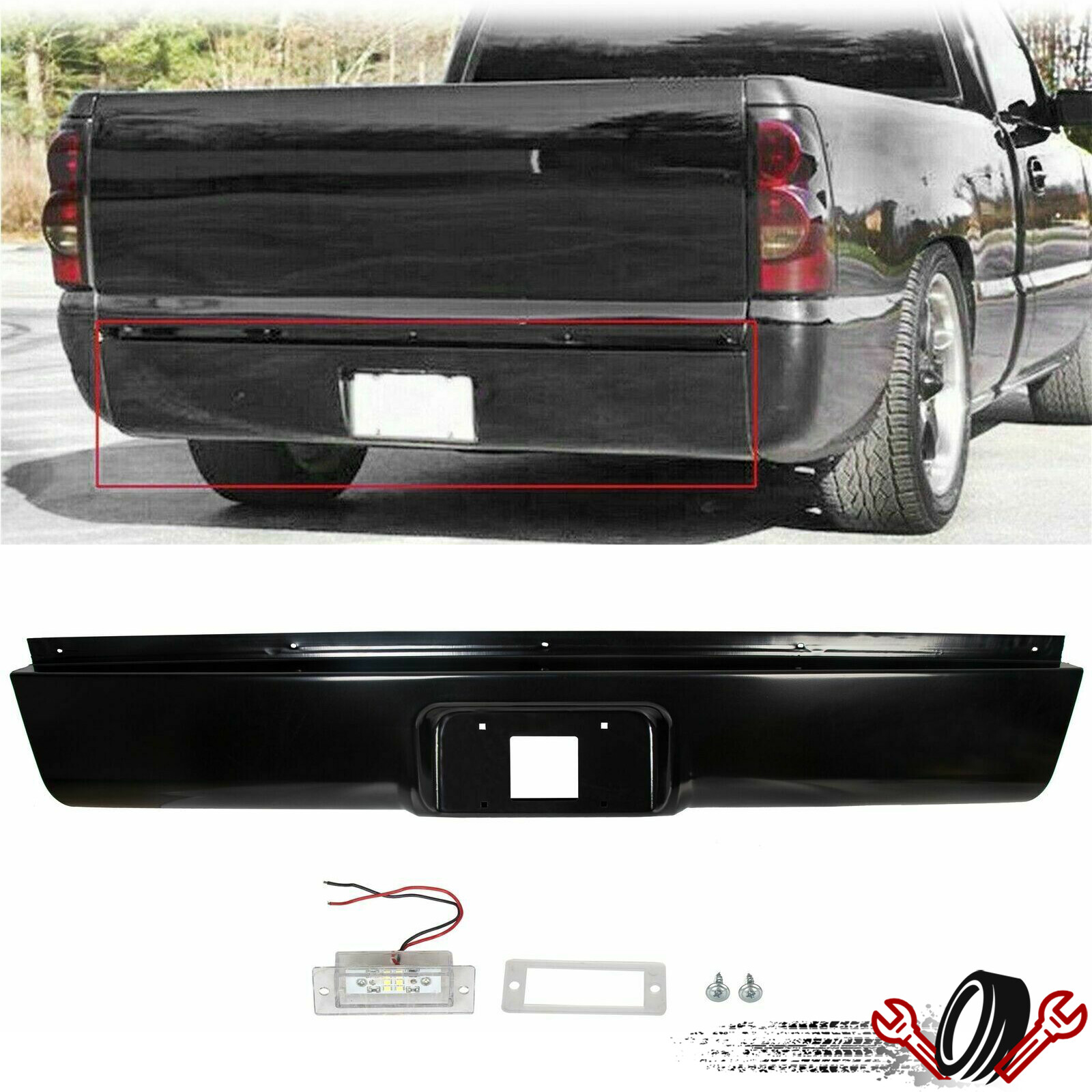 Rear Bumper Roll Pan w/LED License For 1999-2007 Chevy Silverado GMC Sierra 1500