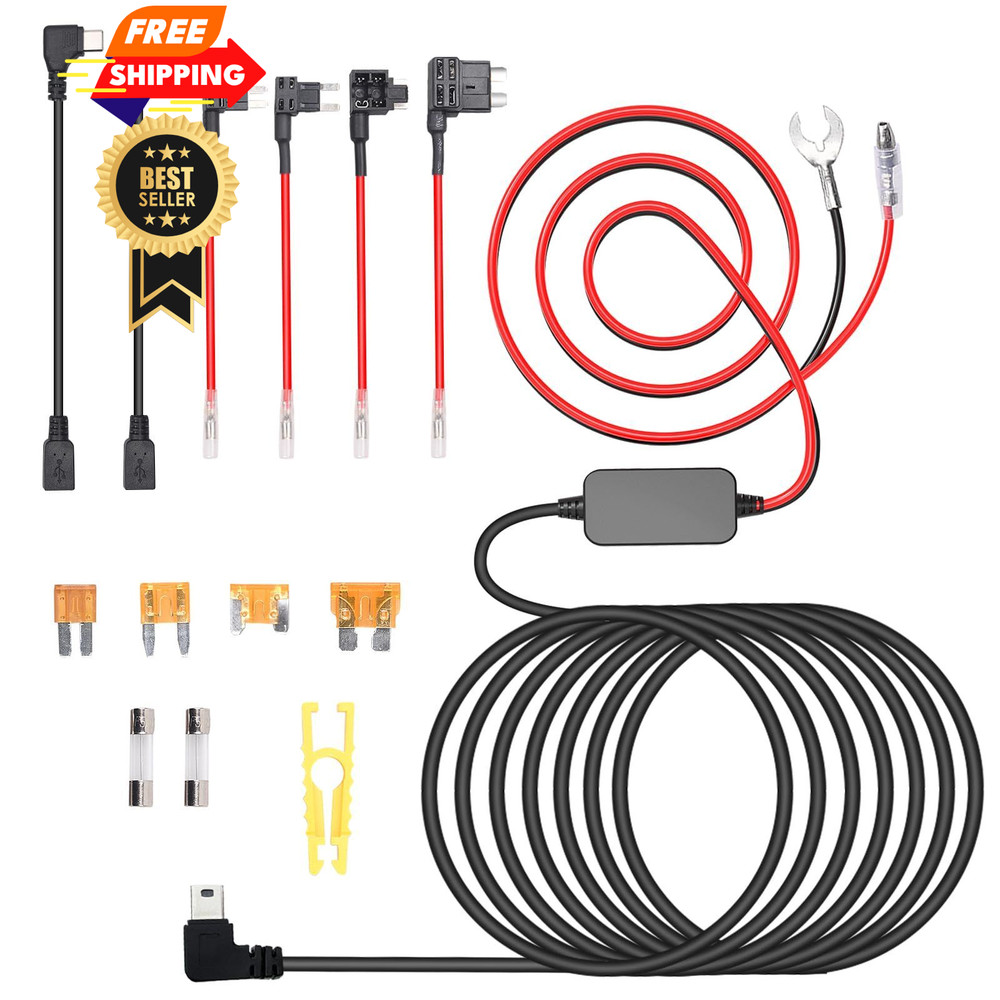 3-in-1 Hard Wire Kit USB-C & Micro/Mini USB Hardwire for Dash Cams 13ft
