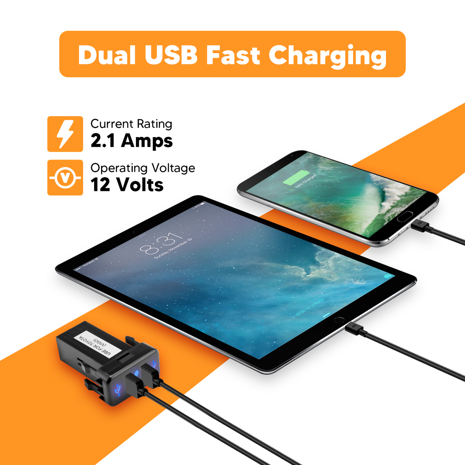 Car Charger Socket Dual 2 USB Port Charging for Toyota FJ Cruiser 2007-2014