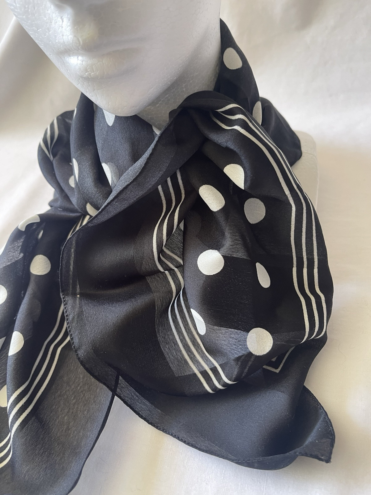 VINTAGE BERKSHIRE Italy: Black White Polka Dot Sheer 31" Square Scarf