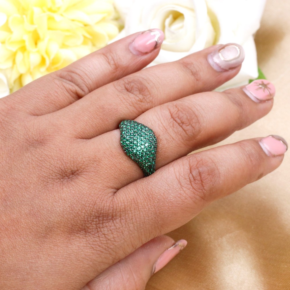 925 Sterling Silver Lab Created Emerald Pave Ring, Dome Statement Ring for Women