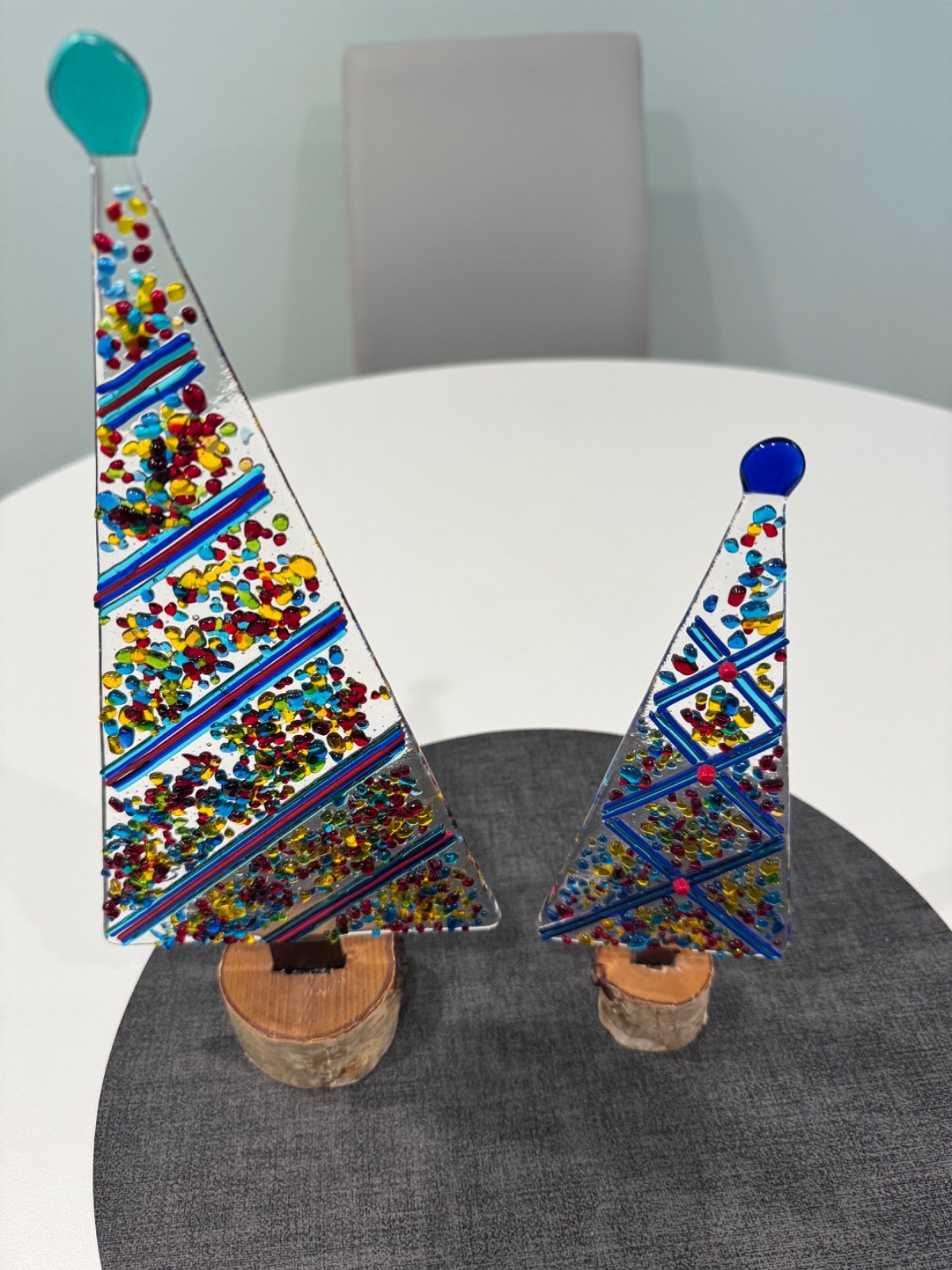 2 Handcrafted Fused Glass Christmas Ornaments, Colorful Trees