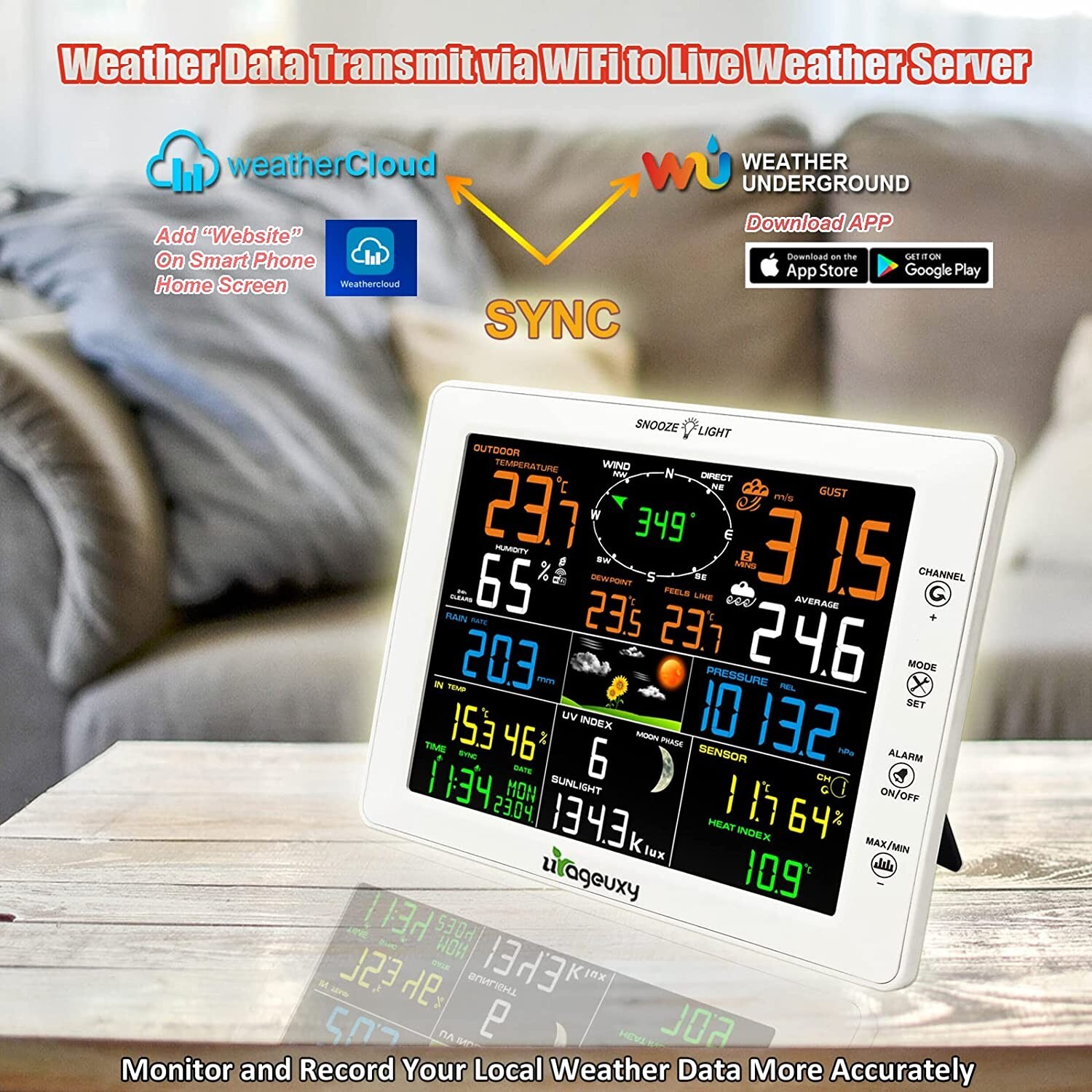 Home Wi-Fi Smart Weather Station Big 10" Color LCD and Outdoor Wireless Sensors