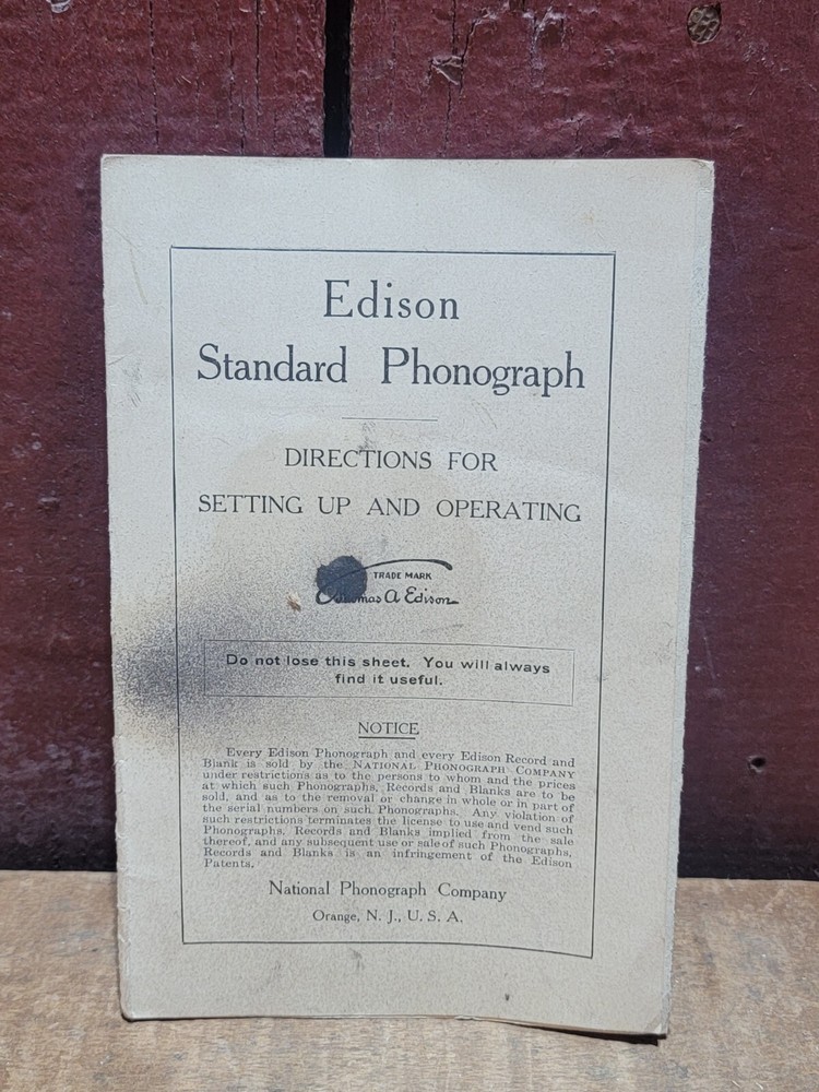 Edison Standard Phonograph Directions For Setting Up & Operating Book Pamphlet