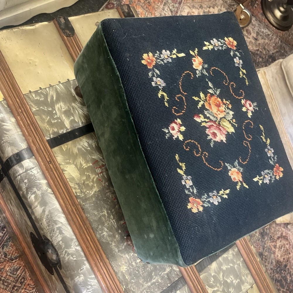 Vintage Floral Needlepoint Footstool Wool Rectangular Victorian w/ Flowers