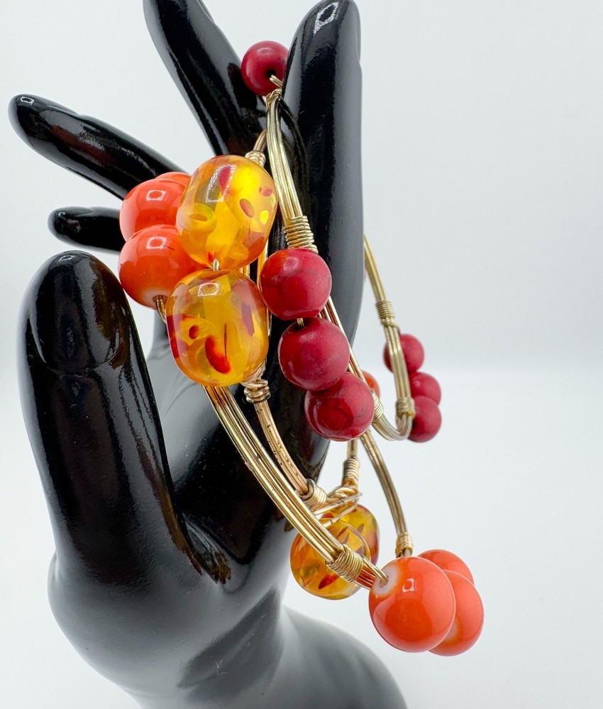 3 Bohemian Wire-Wrapped Beaded Bangle Bracelets Orange Amber Red Stackable Retro