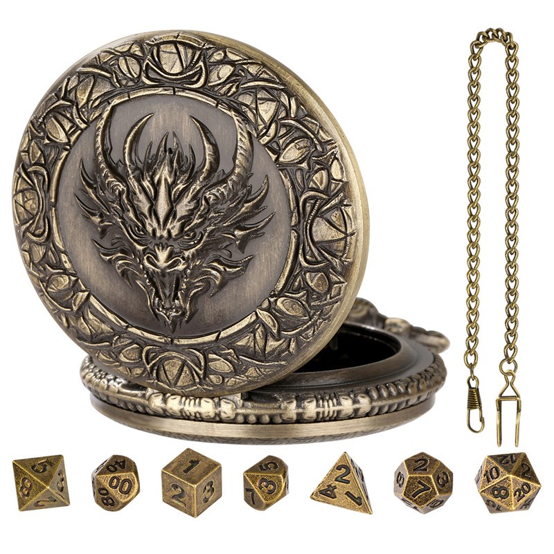 7pcs Solid Metal Polyhedral DND Dice D4-D20 in Dragon Engraved Pocket Watch Case