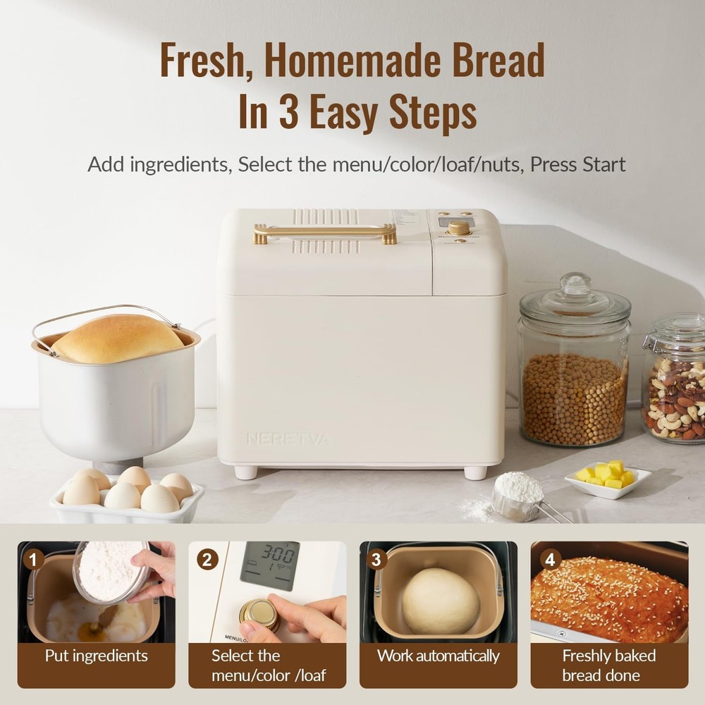 Bread Machine, 2.2LB 15-in-1 Bread Maker, Dual Heater Breadmaker Machine