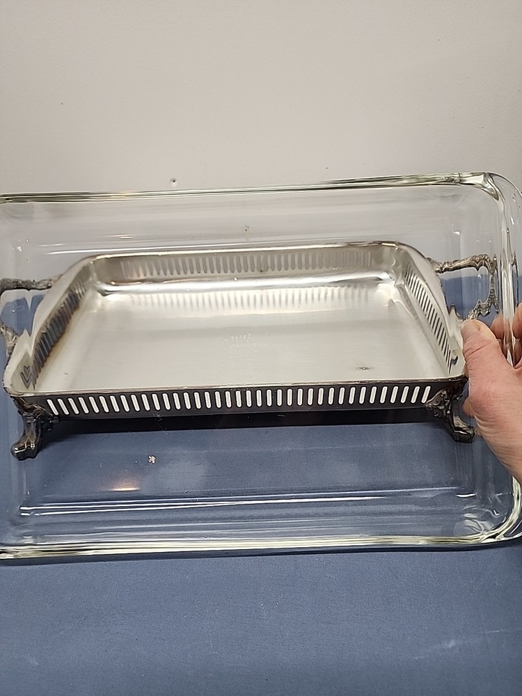 EPCA Bristol Poole Silverplate Footed Serving Dish Tray #B114 W/Vintage Pyrex