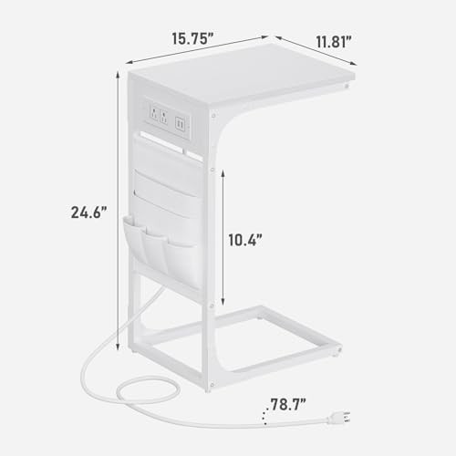 C Shaped End Table with Charging Station, Side Table for Sofa, Couch Table