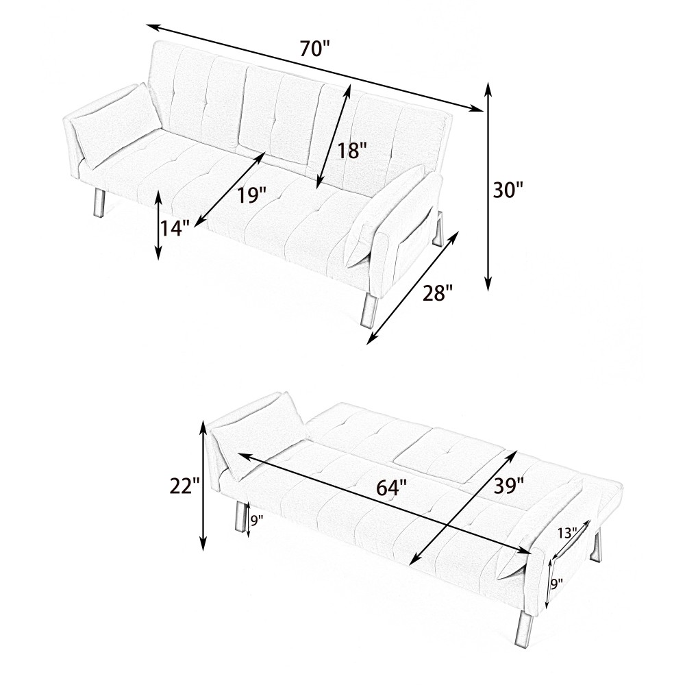 70-inch Multi-functional Cotton and Linen Sofa Bed, Foldable Side Storage