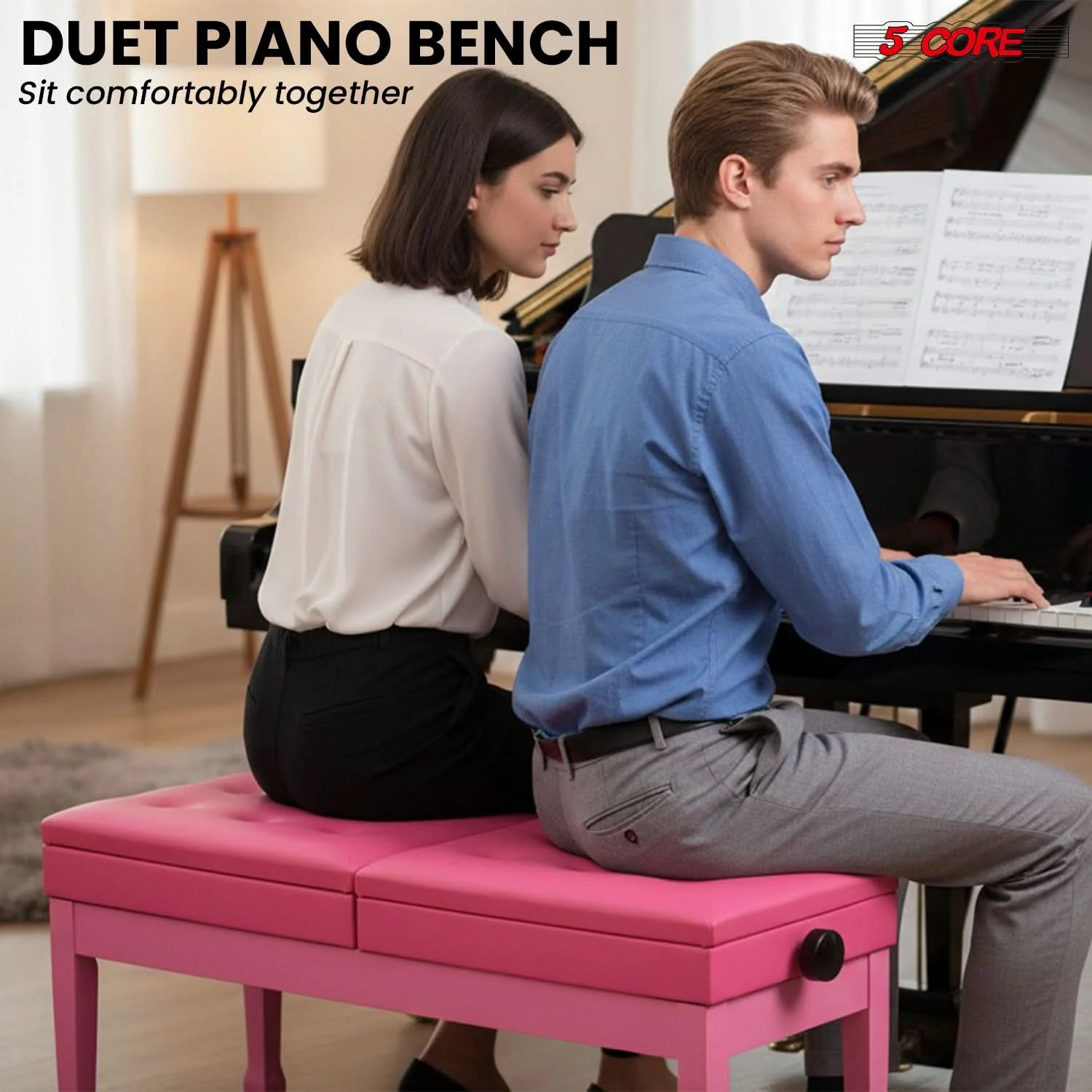 5 Core Duet Piano Bench 3.5 Inch Padded Cushioned Stool Wooden Musician Chair