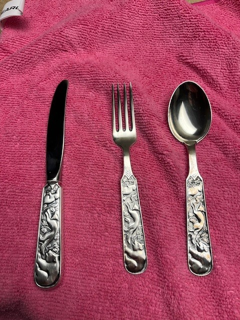 Antique David Andersen Silver Child Fork & Spoon + Knife Rabbit, Fox