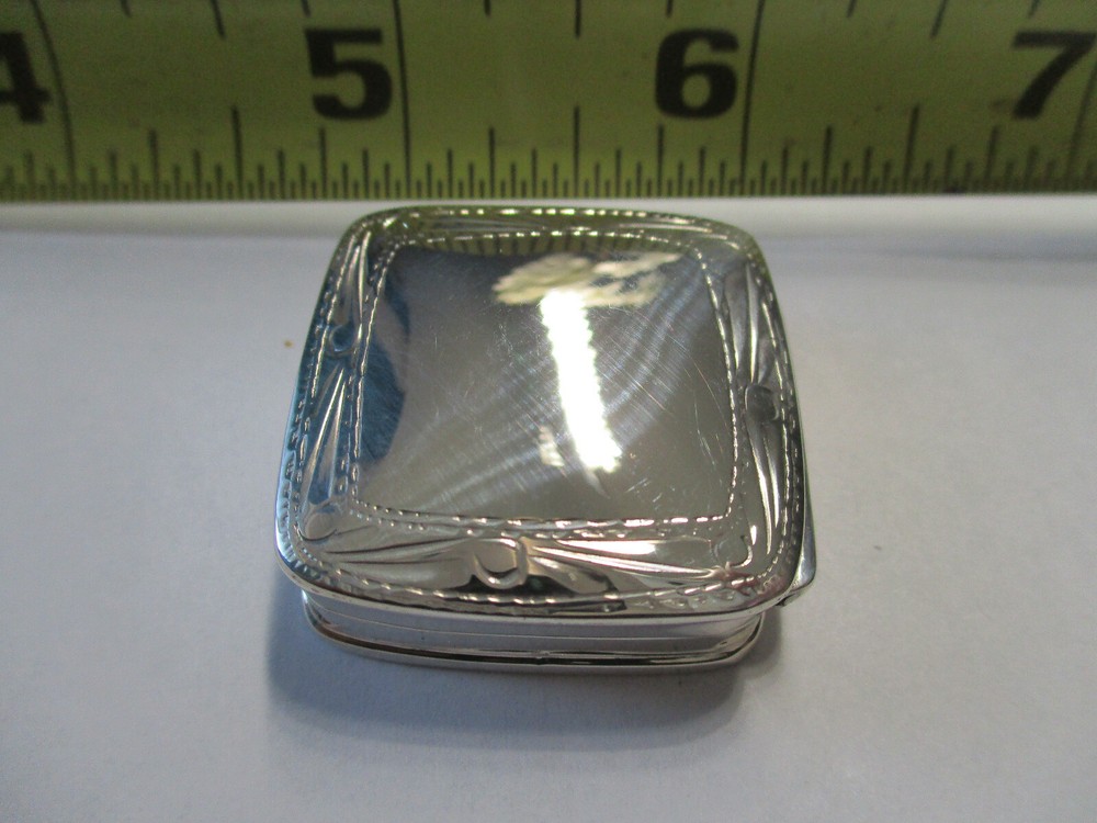 Sterling silver square shape engraved top pill box solid silver hallmarked A