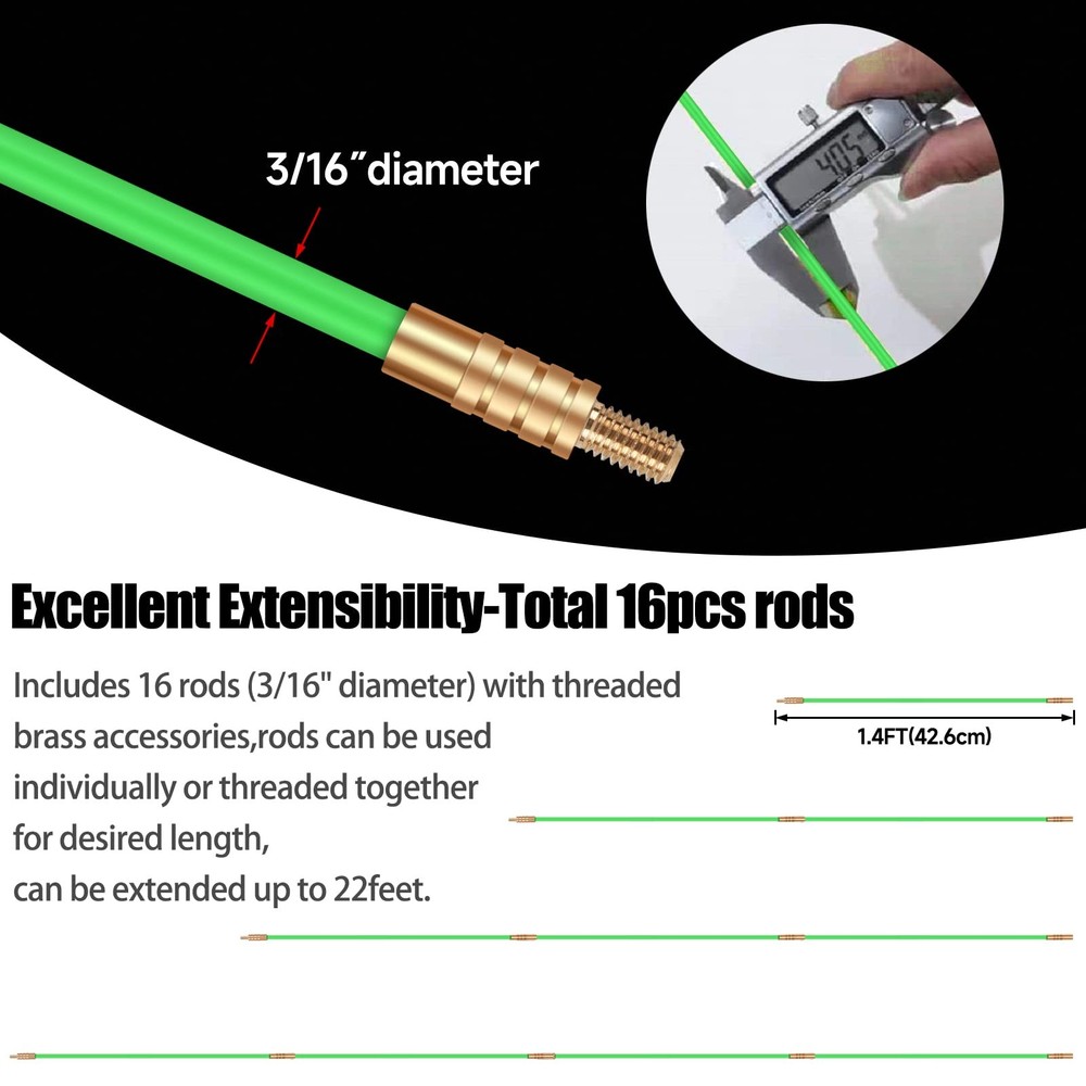 32.2FT Fiberglass Running Electrical Wire Cable Glow Rods Wire Pulling, Fish ...