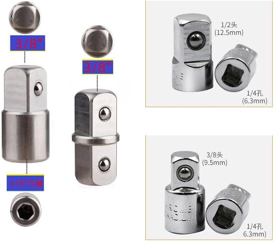 3 Pack Impact Socket Adapter Set Joint Chrome 3/8 Coupler + 3/8 to 1/4 +