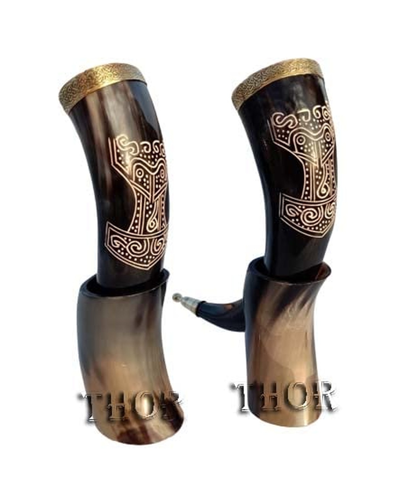 Viking Drinking Horn Mug Thor Hammer Hand Carved Large 10"-12" with Stand/Set...