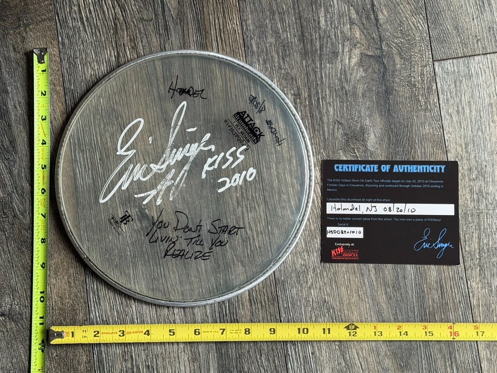 KISS Drumhead ERIC SINGER Concert Used Signed Autograph CoA 10" NJ 2010 Tour
