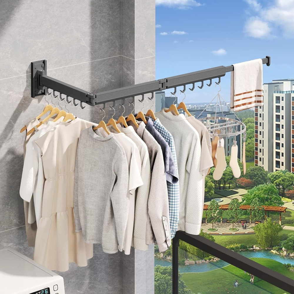 Wall-mounted drying rack, foldable and retractable, for hanging clothes