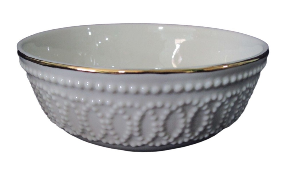 Lenox Embossed Dot Interlocking Circles Gold Trim Cream Nut Candy Small Bowl EUC