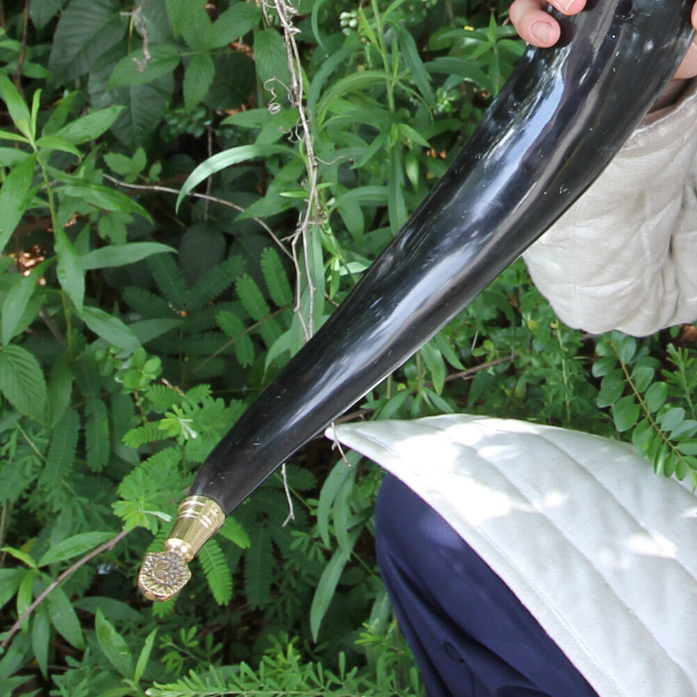 Brass-Adorned Medieval Renaissance Drinking Horn with Metal Stand 100% real Horn