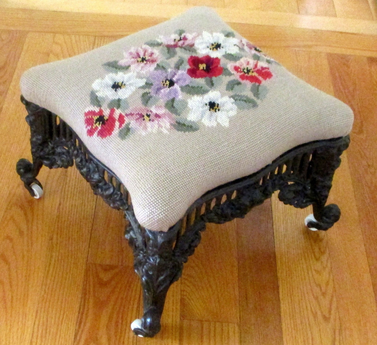 Atq Victorian Cast Iron Footstool Ottoman Ornate Rococo Base Floral Needlepoint