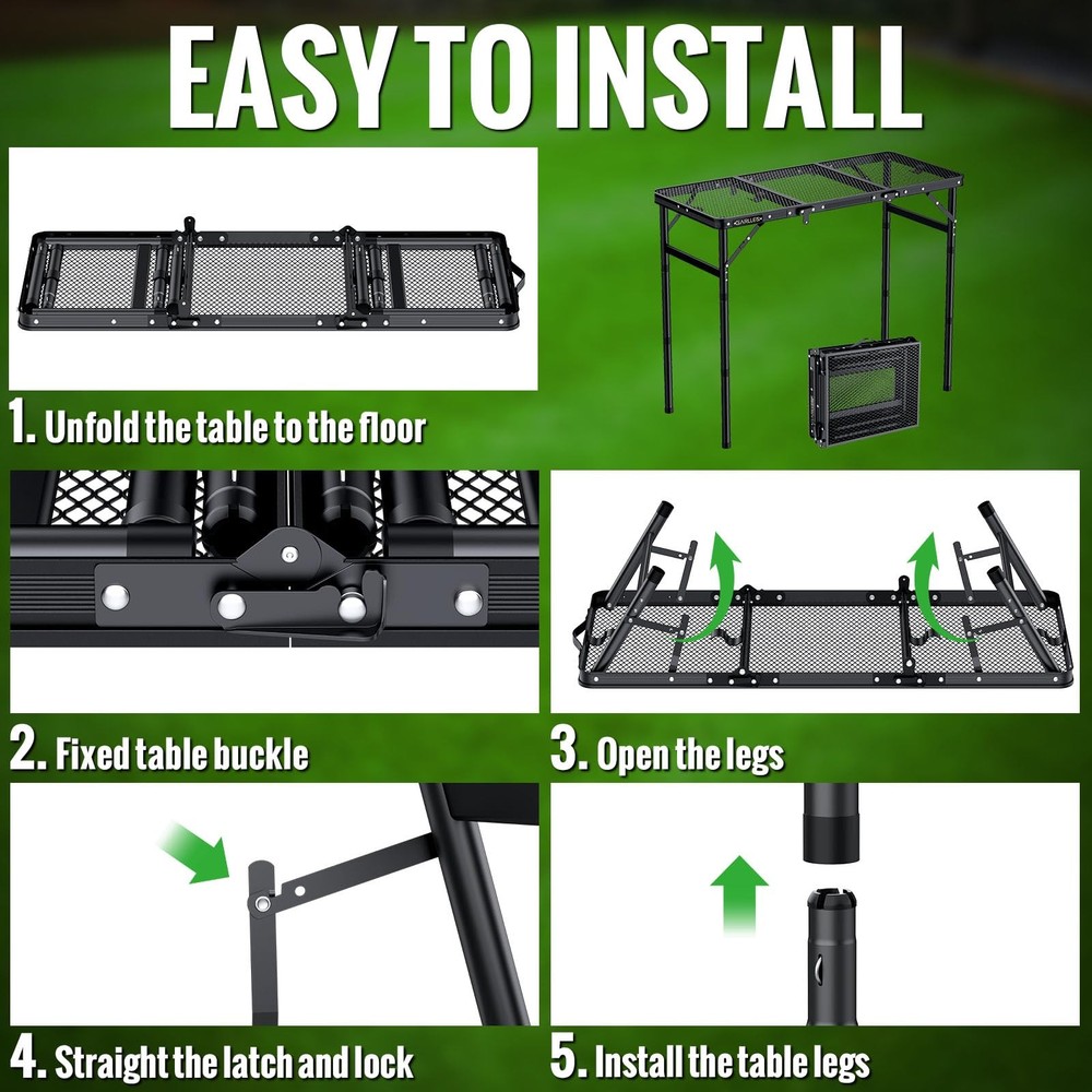 Folding Grill Table Max Capacity 66lbs, 3 Adjustable Height Portable Folding ...