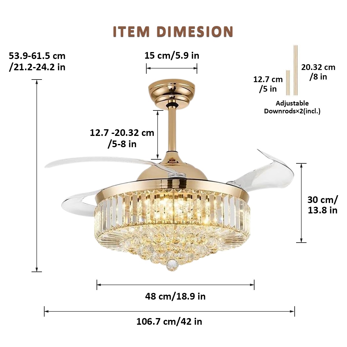 42" Modern Crystal Indoor Ceiling Fan Chandelier w/ Light and Remote Reversible