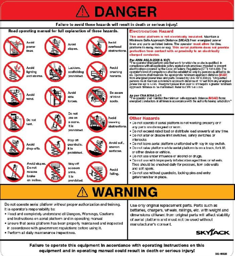 FOR SKYJACK 146526 DECAL - DANGER WARNING