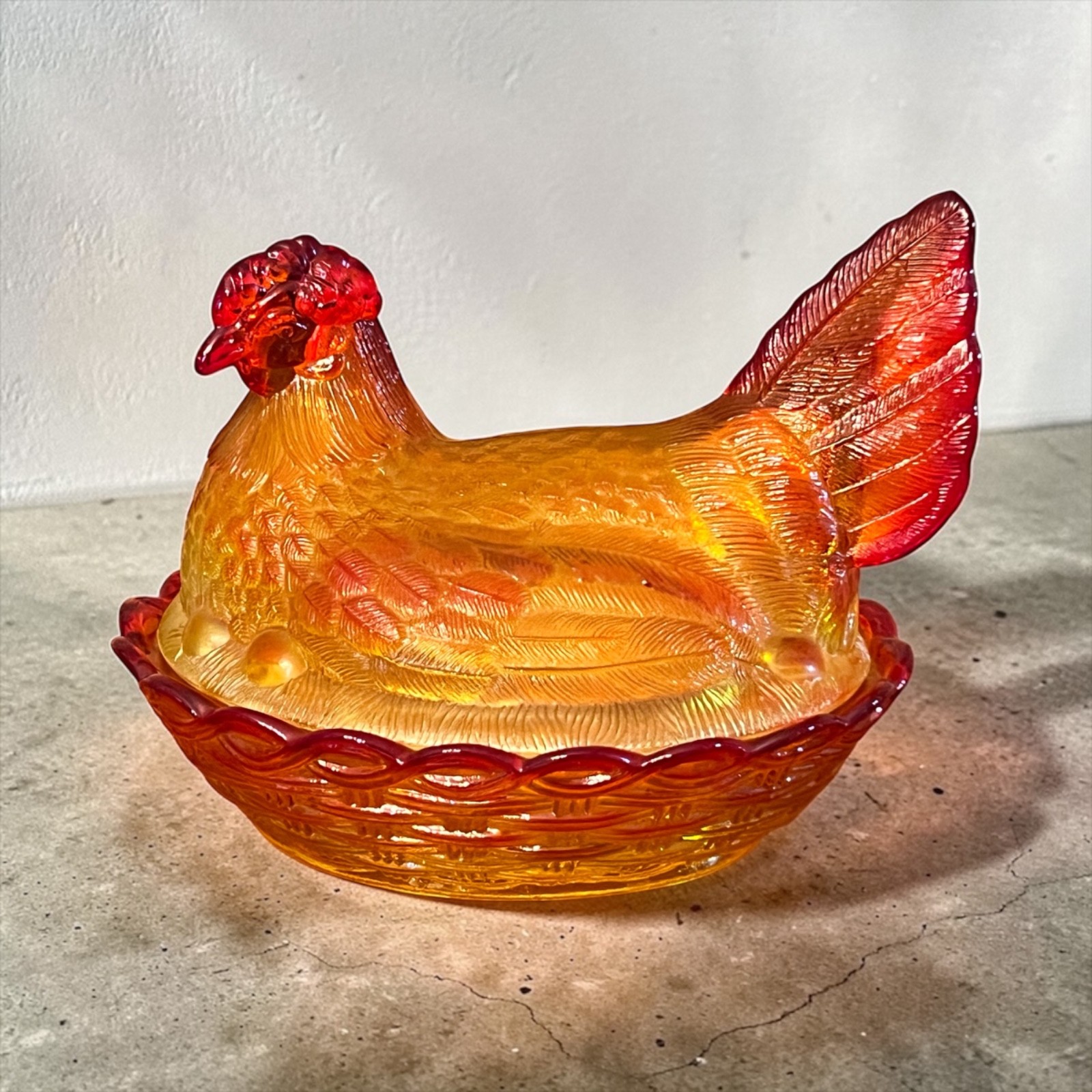 RARE! LG Wright XL Amberina Glass Hen On Nest 7 1/2" MINT!